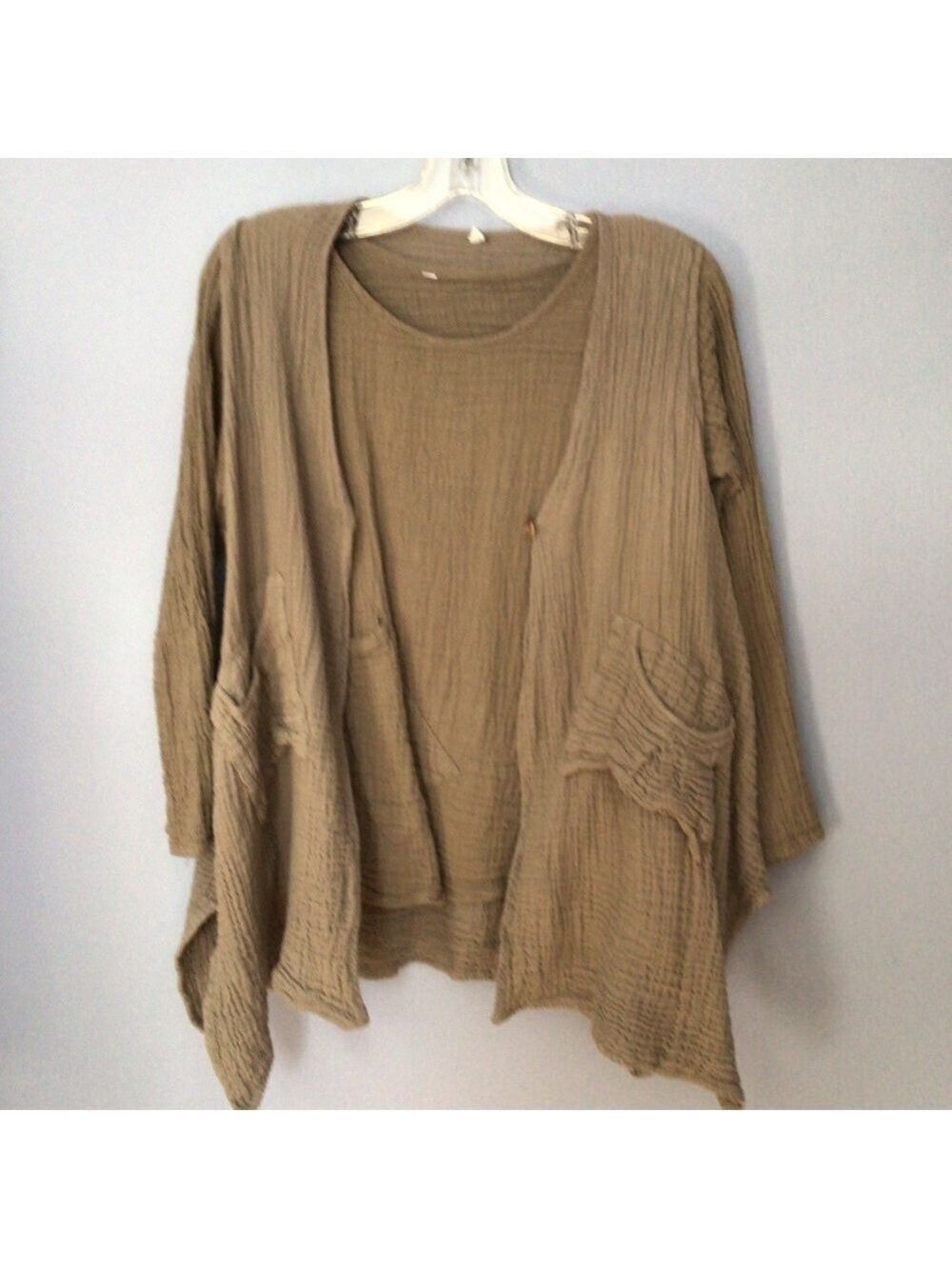 Lagenlook Gauze Cotton 2-Piece Beige Asymmetrical Top & Vest Set Sz S/M - Picture 6 of 9